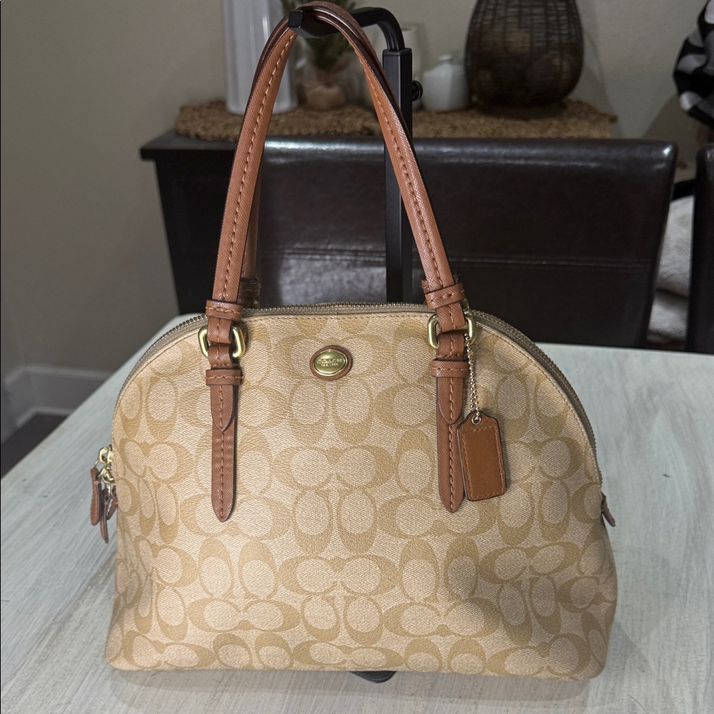Coach Tan Signature Dome Satchel with Saddle Trim